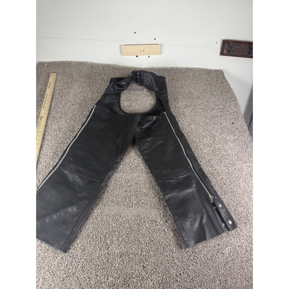 Mens Black Leather Motorcycle Chaps Biker Riding Gear Adjustable Belted Waist